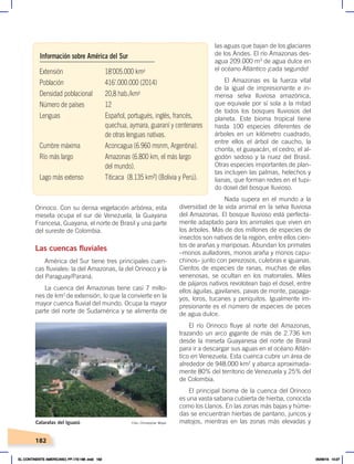 182
las aguas que bajan de los glaciares
de los Andes. El río Amazonas des-
agua 209.000 m3
de agua dulce en
el océano Atlántico ¡cada segundo!
El Amazonas es la fuerza vital
de la igual de impresionante e in-
mensa selva lluviosa amazónica,
que equivale por sí sola a la mitad
de todos los bosques lluviosos del
planeta. Este bioma tropical tiene
hasta 100 especies diferentes de
árboles en un kilómetro cuadrado,
entre ellos el árbol de caucho, la
chonta, el guayacán, el cedro, el al-
godón sedoso y la nuez del Brasil.
Otras especies importantes de plan-
tas incluyen las palmas, helechos y
lianas, que forman redes en el tupi-
do dosel del bosque lluvioso.
Nada supera en el mundo a la
diversidad de la vida animal en la selva lluviosa
del Amazonas. El bosque lluvioso está perfecta-
mente adaptado para los animales que viven en
los árboles. Más de dos millones de especies de
insectos son nativos de la región, entre ellos cien-
tos de arañas y mariposas. Abundan los primates
–monos aulladores, monos araña y monos capu-
chinos– junto con perezosos, culebras e iguanas.
Cientos de especies de ranas, muchas de ellas
venenosas, se ocultan en los matorrales. Miles
de pájaros nativos revolotean bajo el dosel, entre
ellos águilas, gavilanes, pavas de monte, papaga-
yos, loros, tucanes y periquitos. Igualmente im-
presionante es el número de especies de peces
de agua dulce.
El río Orinoco fluye al norte del Amazonas,
trazando un arco gigante de más de 2.736 km
desde la meseta Guayanesa del norte de Brasil
para ir a descargar sus aguas en el océano Atlán-
tico en Venezuela. Esta cuenca cubre un área de
alrededor de 948.000 km2
y abarca aproximada-
mente 80% del territorio de Venezuela y 25% del
de Colombia.
El principal bioma de la cuenca del Orinoco
es una vasta sabana cubierta de hierba, conocida
como los Llanos. En las zonas más bajas y húme-
das se encuentran hierbas de pantano, juncos y
matojos, mientras en las zonas más elevadas y
Orinoco. Con su densa vegetación arbórea, esta
meseta ocupa el sur de Venezuela, la Guayana
Francesa, Guayana, el norte de Brasil y una parte
del sureste de Colombia.
Las cuencas fluviales
América del Sur tiene tres principales cuen-
cas fluviales: la del Amazonas, la del Orinoco y la
del Paraguay/Paraná.
La cuenca del Amazonas tiene casi 7 millo-
nes de km2
de extensión, lo que la convierte en la
mayor cuenca fluvial del mundo. Ocupa la mayor
parte del norte de Sudamérica y se alimenta de
Extensión 18’005.000 km²
Población 416’.000.000 (2014)
Densidad poblacional 20,8 hab./km²
Número de países 12
Lenguas Español, portugués, inglés, francés,
quechua, aymara, guaraní y centenares
de otras lenguas nativas.
Cumbre máxima Aconcagua (6.960 msnm, Argentina).
Río más largo Amazonas (6.800 km, el más largo
del mundo).
Lago más extenso Titicaca (8.135 km²) (Bolivia y Perú).
Información sobre América del Sur
Foto: Christopher Meyer
Cataratas del Iguazú
EL CONTINENTE AMERICANO; PP.172-186 .indd 182 05/06/18 10:27
 