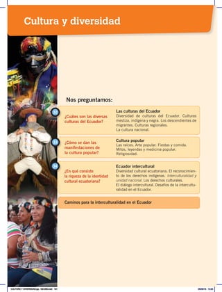 ¿Cuáles son las diversas
culturas del Ecuador?
32 Las culturas del Ecuador
Diversidad de culturas del Ecuador. Culturas
mestiza, indígena y negra. Los descendientes de
migrantes. Culturas regionales.
La cultura nacional.
¿Cómo se dan las
manifestaciones de
la cultura popular?
33 Cultura popular
Las raíces. Arte popular. Fiestas y comida.
Mitos, leyendas y medicina popular.
Religiosidad.
Nos preguntamos:
¿En qué consiste
la riqueza de la identidad
cultural ecuatoriana?
34 Ecuador intercultural
Diversidad cultural ecuatoriana. El reconocimien-
to de los derechos indígenas. Interculturalidad y
unidad nacional. Los derechos culturales.
El diálogo intercultural. Desafíos de la intercultu-
ralidad en el Ecuador.
Caminos para la interculturalidad en el Ecuador
Cultura y diversidad
CULTURA Y DIVERSIDAD;pp. 192-209.indd 191 05/06/18 10:29
 
