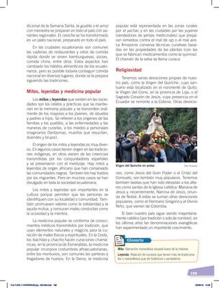 199
popular está representada en las zonas rurales
por el yachac y en las ciudades por las yuyeras
(vendedoras de yerbas medicinales) que prepa-
ran remedios contra el mal de ojo o el mal aire.
La Amazonía conserva técnicas curativas basa-
das en las propiedades de las plantas (con las
que se fabrican medicamentos como la quinina).
El chamán de la selva se llama curaca.
Religiosidad
Tenemos varias devociones propias de nues-
tro país, como la Virgen del Quinche, cuyo san-
tuario está localizado en el nororiente de Quito;
la Virgen del Cisne, en la provincia de Loja; o el
Sagrado Corazón de Jesús, cuya presencia en el
Ecuador se remonta a la Colonia. Otras devocio-
nes, como Jesús del Gran Poder o el Cristo del
Consuelo, son también muy populares. Tenemos
también beatas que han sido elevadas a los alta-
res como santas de la Iglesia católica: Mariana de
Jesús y, recientemente, Narcisa de Jesús, oriun-
da de Nobol. A estas se suman otras devociones
populares, como el Hermano Gregorio y el Divino
Niño, que vienen de Colombia.
Si bien nuestro país sigue siendo mayoritaria-
mente católico (por tradición o solo de nombre), en
los últimos años las denominaciones evangélicas
han experimentado un importante crecimiento.
dicional de la Semana Santa, la guatita o el arroz
con menestra se preparan en todo el país con va-
riantes regionales. El ceviche se ha transformado
en un plato nacional, preparado en todo el país.
En las ciudades ecuatorianas son comunes
las cadenas de restaurantes y sitios de comida
rápida donde se sirven hamburguesas, pizzas,
comida china, entre otros. Estos aspectos han
cambiado los hábitos alimenticios de los ecuato-
rianos, pero es posible todavía conseguir comida
nacional en diversos lugares, donde se la prepara
siguiendo las tradiciones.
Mitos, leyendas y medicina popular
Los mitos y leyendas que existen en las socie-
dades son los relatos y prácticas que se mantie-
nen en la memoria popular y se transmiten oral-
mente de los mayores a los jóvenes, de abuelos
y padres a hijos. Se refieren a los orígenes de las
familias y los pueblos, a las enfermedades y las
maneras de curarlas, a los miedos a personajes
imaginarios (fantasmas, muertos que resucitan,
duendes y brujos).
El origen de los mitos y leyendas es muy diver-
so. En algunos casos tienen origen en las tradicio-
nes indígenas, en otros vienen de las creencias
transmitidas por los conquistadores españoles
y se preservaron con el mestizaje. Hay mitos y
leyendas de origen africano que han conservado
las comunidades negras. También los hay traídos
por los migrantes. Pero en muchos casos se han
divulgado en toda la sociedad ecuatoriana.
Los mitos y leyendas son importantes en la
cultura porque permiten que las personas se
identifiquen con su localidad o comunidad. Tam-
bién promueven valores como la solidaridad y la
ayuda mutua, y censuran malas conductas como
la ociosidad y la mentira.
La medicina popular se conforma de conoci-
mientos médicos transmitidos por tradición, que
usan elementos naturales y mágicos para la cu-
ración de males físicos y espirituales. En la Costa,
los tsáchilas y chachis hacen curaciones chamá-
nicas; en la provincia de Esmeraldas, la medicina
popular incorpora costumbres afroecuatorianas;
entre los montuvios, son comunes las parteras y
fregadores de huesos. En la Sierra, la medicina
Virgen del Quinche en andas Foto: Ecuavisa
Mito. Narración maravillosa situada fuera de la historia.
Leyenda. Relación de sucesos que tienen más de tradiciona-
les o maravillosos que de históricos o verdaderos.
Glosario
CULTURA Y DIVERSIDAD;pp. 192-209.indd 199 05/06/18 10:29
 
