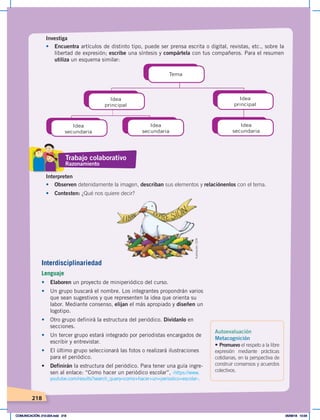 218
Interpreten
•	 Observen detenidamente la imagen, describan sus elementos y relaciónenlos con el tema.
• Contesten: ¿Qué nos quiere decir?
Interdisciplinariedad
Lenguaje
•	 Elaboren un proyecto de miniperiódico del curso.
• Un grupo buscará el nombre. Los integrantes propondrán varios
que sean sugestivos y que representen la idea que orienta su
labor. Mediante consenso, elijan el más apropiado y diseñen un
logotipo.
• Otro grupo definirá la estructura del periódico. Divídanlo en
secciones.
• Un tercer grupo estará integrado por periodistas encargados de
escribir y entrevistar.
• El último grupo seleccionará las fotos o realizará ilustraciones
para el periódico.
•	 Definirán la estructura del periódico. Para tener una guía ingre-
sen al enlace: “Como hacer un periódico escolar”, ‹https://www.
youtube.com/results?search_query=como+hacer+un+periodico+escolar›.
Investiga
• Encuentra artículos de distinto tipo, puede ser prensa escrita o digital, revistas, etc., sobre la
libertad de expresión; escribe una síntesis y compártela con tus compañeros. Para el resumen
utiliza un esquema similar:
Tema
Idea
principal
Idea
principal
Idea
secundaria
Idea
secundaria
Idea
secundaria
Ilustración:
CEN
Trabajo colaborativo
Razonamiento
Autoevaluación
Metacognición
• Promuevo el respeto a la libre
expresión mediante prácticas
cotidianas, en la perspectiva de
construir consensos y acuerdos
colectivos.
COMUNICACIÓN; 210-224.indd 218 05/06/18 10:34
 