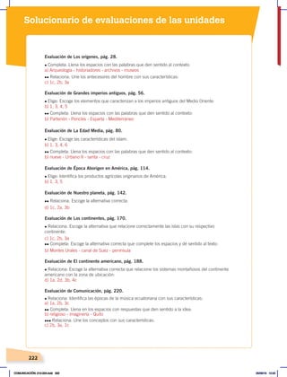 222
Solucionario de evaluaciones de las unidades
Evaluación de Los orígenes, pág. 28.
l Completa: Llena los espacios con las palabras que den sentido al contexto:
a) Arqueología - historiadores - archivos - museos
ll Relaciona: Une los antecesores del hombre con sus características:
c) 1c, 2b, 3a
Evaluación de Grandes imperios antiguos, pág. 56.
l Elige: Escoge los elementos que caracterizan a los imperios antiguos del Medio Oriente:
b) 1, 3, 4, 5
ll Completa: Llena los espacios con las palabras que den sentido al contexto:
b) Partenón - Pericles - Esparta - Mediterráneo
Evaluación de La Edad Media, pág. 80.
l Elige: Escoge las características del islam:
b) 1, 3, 4, 6
ll Completa: Llena los espacios con las palabras que den sentido al contexto:
b) nueve - Urbano II - santa - cruz
Evaluación de Época Aborigen en América, pág. 114.
l Elige: Identifica los productos agrícolas originarios de América:
b) 1, 3, 5
Evaluación de Nuestro planeta, pág. 142.
ll Relaciona: Escoge la alternativa correcta:
d) 1c, 2a, 3b
Evaluación de Los continentes, pág. 170.
l Relaciona: Escoge la alternativa que relacione correctamente las islas con su respectivo
continente:
c) 1c, 2b, 3a
ll Completa: Escoge la alternativa correcta que complete los espacios y dé sentido al texto:
b) Montes Urales - canal de Suez - península
Evaluación de El continente americano, pág. 188.
l Relaciona: Escoge la alternativa correcta que relacione los sistemas montañosos del continente
americano con la zona de ubicación:
d) 1a, 2d, 3b, 4c
Evaluación de Comunicación, pág. 220.
l Relaciona: Identifica las épocas de la música ecuatoriana con sus características:
a) 1a, 2b, 3c
ll Completa: Llena en los espacios con respuestas que den sentido a la idea:
b) religioso - imaginería - Quito
lll Relaciona: Une los conceptos con sus características:
c) 2b, 3a, 1c
COMUNICACIÓN; 210-224.indd 222 05/06/18 10:34
 