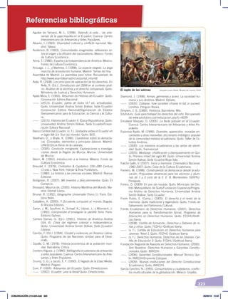 223
Referencias bibliográficas
Aguilar de Tamariz, M. L. (1998). Tejiendo la vida… las arte-
sanías de la paja toquilla en el Ecuador. Cuenca: Centro
Interamericano de Artesanías y Artes Populares.
Álvarez, I. (1993). Diversidad cultural y conflicto nacional. Ma-
drid: Talasa.
Anderson, B. (1993). Comunidades imaginadas: reflexiones so-
bre el origen y la difusión del nacionalismo. México: Fondo
de Cultura Económica.
Anna, T. (1986). España y la Independencia de América. México:
Fondo de Cultura Económica.
Arsuaga, J. L., y Martínez, I. (1998). La especie elegida. La larga
marcha de la evolución humana. Madrid: Temas de Hoy.
Asamblea de Madrid. La asamblea para niños. Recuperado de
http://www.asambleamadrid.es/portal_infantil/
Ávila, R. (2008). Los principios de aplicación de los derechos. En
Ávila, R. (Ed.), Constitución del 2008 en el contexto andi-
no. Análisis de la doctrina y el derecho comparado. Quito:
Ministerio de Justicia y Derechos Humanos.
Ayala Mora, E. (1993). Resumen de Historia del Ecuador. Quito:
Corporación Editora Nacional.
------ (2013). Ecuador, patria de todos (4.ª ed. actualizada).
Quito: Universidad Andina Simón Bolívar, Sede Ecuador/
Corporación Editora Nacional/Organización de Estados
Iberoamericanos para la Educación, la Ciencia y la Cultu-
ra.
------ (2015). Historia del Ecuador II. Época Republicana. Quito:
Universidad Andina Simón Bolívar, Sede Ecuador/Corpo-
ración Editora Nacional.
Banco Central del Ecuador. (s. f.). Grabados sobre el Ecuador en
el siglo XIX (Le Tour du monde). Quito: BCE.
Beetham, D., y Boyle, K. (1996). Cuestiones sobre la democra-
cia. Conceptos, elementos y principios básicos. Madrid:
UNESCO/Los libros de la catarata.
------ (2005). Condición inmigrante. Exploraciones e investiga-
ciones desde la Región de Murcia. Murcia: Universidad
de Murcia.
Bloch, M. (1952). Introducción a la historia. México: Fondo de
Cultura Económica.
Braudel, F. (1979). Civilization & Capitalism 15th-18th Century
(3 vols.). New York: Harper & Row Publishers.
------ (1980). La historia y las ciencias sociales. Madrid: Alianza
Editorial.
Bridgman, R. (2007). Mil inventos y descubrimientos: Quito: El
Comercio.
Brossard, Maurice de. (2005). Historia Marítima del Mundo. Ma-
drid: Edimat Libros.
Brunet, R. (1992). Géographie Universelle (Tomo 1). París: Édi-
tions Belin.
Caballero, A. (2000). Y Occidente conquistó el mundo. Bogotá:
El Áncora Editores.
Caron, J. M., Gauthier, A., Schaaf, A., Ulysse, J., y Wozniack, J.
(1992). Comprendre et enseigner la planète Terre. París:
Éditions Ophrys.
Carrera Damas, G. (Ed.). (2001). Historia de América Andina
(Vol. 4). Crisis del régimen colonial e Independencia.
Quito: Universidad Andina Simón Bolívar, Sede Ecuador/
Libresa.
Carrión, F. (Ed.). (1994). Ciudad y violencias en América Latina.
Quito: Programa de las Naciones Unidas para el Desa-
rrollo.
Cipolla, C. M. (1978). Historia económica de la población mun-
dial. Barcelona: Crítica.
Cordero Íñiguez, J. (1980). Bibliografía ecuatoriana de artesanías
y artes populares. Cuenca: Centro Interamericano de Arte-
sanías y Artes Populares.
Crump, C. G., y Jacob, E. F. (1950). El legado de la Edad Media.
Madrid: Pegaso.
Cuvi, P. (1994). Artesanías del Ecuador. Quito: Dinediciones.
------ (2002). Ecuador: ¡viva la fiesta! Quito: Dinediciones.
Diamond, J. (1998). Armas, gérmenes y acero. La sociedad hu-
mana y sus destinos. Madrid: Debate.
------ (2005). Collapse, how societies choose to fail or suceed.
Londres: Penguin Books.
Droysen, J. G. (1983). Histórica. Barcelona: Alfa.
Edufuturo. Guía para trabajar los derechos del niño. Recuperado
de www.edufuturo.com/educacion.php?c=4039
Encalada Vásquez, O. (2005). La fiesta popular en el Ecuador.
Cuenca: Centro Interamericano de Artesanías y Artes Po-
pulares.
Espinosa Apolo, M. (1999). Duendes, aparecidos, moradas en-
cantadas y otras maravillas: diccionario mitológico popular
de la comunidad mestiza ecuatoriana. Quito: Taller de Es-
tudios Andinos.
------ (2000). Los mestizos ecuatorianos y las señas de identi-
dad. Quito: Tramasocial.
------ (2003). Mestizaje, cholificación y blanqueamiento en Qui-
to. Primera mitad del siglo XX. Quito: Universidad Andina
Simón Bolívar, Sede Ecuador/Abya-Yala.
Falcón Gallo, V. (2007). Inicio y memoria: Cinemateca Nacional,
1982-2007. Quito: Casa de la Cultura Ecuatoriana.
Ferreiro, M. (1998). Construyendo la democracia desde la edu-
cación. Propuestas dinámicas para los alumnos y alum-
nas de 1 y 2 ciclo de la E. E. B. Montevideo: SERPAJ-
Paraguay.
Forero, Ó. (2009) En pos de morada. Quito: Municipio del Dis-
trito Metropolitano de Quito/Fundación Esperanza/Progra-
ma Andino de Derechos Humanos, Universidad Andina
Simón Bolívar, Sede Ecuador.
Freire Rubio, E. (Comp.). (2005). El derecho y el revés de la
memoria: Quito tradicional y legendario. Quito: Fondo de
Salvamento del Patrimonio Cultural.
Frente Ecuatoriano de Derechos Humanos. (2007). Derechos
Humanos para la Transformación Social, Programa de
Educación en Derechos Humanos. Quito: FEDHU/Gráfi-
cas Iberia.
------ (2008). Cartilla de formación, Derechos y Deberes de ni-
ñas y niños. Quito: FEDHU /Gráficas Iberia.
------ (s. f.). Cartilla de Educación en Derechos Humanos para
Jóvenes. Nivel 1. Quito: FEDHU /Gráficas Iberia.
------ (s. f.). Derechos Humanos. Derechos de los Jóvenes. Car-
tilla de Educación II. Quito: FEDHU /Gráficas Iberia.
Fundación Regional de Asesoría en Derechos Humanos. (2000).
Son Nuestros. Derechos Humanos y Garantías Constitu-
cionales. Quito: INREDH.
------ (2006). Garantías Constitucionales. Manual Técnico, Qui-
to: INREDH/Imprenta Cotopaxi.
------ (2009). Nuevas instituciones del Derecho Constitucional
Ecuatoriano. Quito: INREDH.
García Canclini, N. (1995). Consumidores y ciudadanos: conflic-
tos multiculturales de la globalización. México: Grijalbo.
El rapto de las sabinas Jacques-Louis David, Museo de Louvre, París
Foto:
Creative
Commons
COMUNICACIÓN; 210-224.indd 223 05/06/18 10:34
 