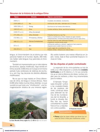 36
lengua, el chino-mandarín (es el idioma que más
personas hablan en el mundo). Aparte, 300 millo-
nes hablan siete lenguas muy parecidas al chino-
mandarín.
También es impresionante que un solo sistema
de escritura, apenas modificado, haya servido en
China durante 3.000 años (en Europa en el mismo
período hubo centenares de sistemas de escritu-
ra y, aún hoy, hay decenas de distintos alfabetos
modificados).
No es que no haya habido en China diferen-
cias de clima, de lengua e incluso étnicas. Hace
6.000 años había muchas tribus distintas. Lo que
sucedió es que hubo una “chinificación”, una ho-
mogeneización drástica de una inmensa región.
Así unidos tuvieron una masiva influencia en Ja-
pón, Corea, toda el Asia suroriental tropical e in-
cluso en India.
De las disputas al poder centralizado
La expansión de los chino-parlantes se hizo de
norte a sur. Allá empezaron a construirse ciudades
fortificadas en el III milenio a. C. En sus cemente-
rios ya se nota la diferencia de clases: tumbas sim-
ples para los esclavos y otras muy ornamentadas
para la nobleza.
El llamado “Empe-
rador Amarillo” unificó
a las ciudades-Estado
de las praderas del
norte, construyó obras
para defender las tie-
rras de las inundacio-
nes del río Amarillo, y
fundó la dinastía Xia.
Rey tras rey, fueron
consolidando su poder
hacia el sur, y expulsa-
ron a otros pueblos.
Resumen de la historia de la antigua China
Época Dinastía Algunas características
2500 a. C.
2100-1600 a. C.
1600-1045 a. C.
1045-221 a. C.
(1045-771 a. C.)
(771-256 a. C.)
(722-481 a. C.)
Xia
Shang
Zhou
(Zhou Occidental)
(Zhou Oriental)
(Primaveras y Otoños)
Ciudades amuralladas; esclavismo.
Unificación del norte; calendario de 12 meses.
Escritura en los huesos adivinatorios.
Cumbre artística; libros; sacrificios humanos.
Filósofos Confucio y Lao Tse.
Toma su nombre de un libro. Estados en gran medida
independientes; limitada autoridad política de los reyes Zhou.
Guerras entre los siete diferentes Estados;
el gobierno central pierde poder.
Unificación política y cultural. Legalismo hacia adentro;
disposiciones crueles hacia lo no chino.
Cuatro siglos de consolidación china.
Poderío militar. Influencia en toda el Asia.
(480-221 a. C.) (Reinos Combatientes)
221 a. C. Qin
206-220 d. C. Han
La Gran Muralla China (siglos V a. C.-XVI d. C.) Foto: Oriol Gascón
El Emperador Amarillo
Foto:
Creative
Commons
Razonamiento
• Piensa sobre las bases sólidas que tienen las cul-
turas de China e India para mantenerse unidas.
GRANDES IMPERIOS ANTIGUOS; pp.30-55.indd 36 05/06/18 10:11
 