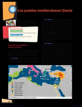 40
Civilizaciones anteriores
a Grecia y Roma
Antes de que surgieran las civilizaciones de
Grecia y Roma, y contemporáneas o posteriores
a Egipto, hubo otras civilizaciones en torno al Me-
diterráneo. Entre ellas, destacan las siguientes:
• Los hititas (Hatti) en la península de Anatolia,
entre los siglos XVIII a XII a. C. Fue la “tercera poten-
cia” del Oriente Medio, junto con Babilonia y Egipto.
• Los hebreos en lo que entonces se llama-
ba Canaán, que llegaron a su esplendor con los
reyes David y su hijo Salomón (cuyo reinado de
40 años se inició hacia 970 a. C.). Extendieron su
reino desde Egipto a Babilonia y triunfaron sobre
los filisteos, sus eternos enemigos instalados en la
costa. A la muerte de Salomón, el reino se dividió
y entró en decadencia. Más tarde fue conquista-
do por los romanos. La cultura de los hebreos se
propagó a través de la Biblia, el Libro de los libros,
algunos de cuyos capítulos se atribuyen al propio
Salomón (por ejemplo, el “Cantar de los Cantares”
y el “Eclesiastés”).
• Los fenicios en la costa del Líbano, una es-
trecha franja de tierra que no se prestaba para la
agricultura, y donde las montañas y salientes roco-
sos no permitían una fácil comunicación entre sus
ciudades (Tiro, Biblos, Sidón). Desde el siglo XII
a. C., Fenicia, un pueblo de grandes navegantes
y mercaderes, llegó a establecer en todo el Me-
diterráneo no propiamente un imperio sino una
talasocracia, o sea, una red de colonias alrededor
del mar (talasos en griego significa mar). Llegaron
incluso hasta Gran Bretaña. Eran buenos diplomá-
ticos; por ejemplo, Hiram I, rey de Tiro, fue un gran
6 Los pueblos mediterráneos: Grecia
¿Qué formas de expresión artística desarrollaron los griegos?
¿Cuándo se originó la democracia y la filosofía?
Explicar la naturaleza de las culturas
mediterráneas, especialmente la griega, con
énfasis en su influencia en el pensamiento
filosófico y democrático.
Descubriendo juntos
Conocimientos previos
Desequilibrio cognitivo
Mapa del Mediterráneo con la extensión de los imperios
Cartago
Imperio cartaginés
Imperio romano
Imperio griego
Imperio hitita
Imperio fenicio
Reinado hebreo
Imperio egipcio
Hititas
Roma
Grecia
Macedonia
núcleo
territorial
Aetolia
Achaea
Egipto
Fenicia
Hebreos
Fuente: Hermann Kinder yWerner Hilgemann, Atlashistóricomundial, vol. 1, Madrid, Istmo, 1986.
Elaboración:
CEN
GRANDES IMPERIOS ANTIGUOS; pp.30-55.indd 40 05/06/18 10:11
 