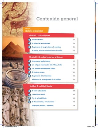 Contenido general
Unidad 1: Los orígenes
Unidad 2: Grandes imperios antiguos
Unidad 3: La Edad Media
Historia e identidad
Bloque 1
Estudiar Historia 12
El origen de la humanidad 16
Surgimiento de la agricultura y la escritura 21
El trabajo, factor de evolución de las sociedades 26
Imperios del Medio Oriente 30
Los antiguos imperios del Asia: China, India 35
Los pueblos mediterráneos: Grecia 40
El Imperio romano 45
Surgimiento del cristianismo 50
Estructura de la desigualdad en la historia 55
El islam y Occidente 58
La sociedad feudal 63
Fin de la Edad Media 68
El Renacimiento y el humanismo 73
Diversidad religiosa y tolerancia 79
1
4
9
2
5
10
11
12
3
6
7
8
LOS ORÍGENES;pp.1-26.indd 6 05/06/18 10:04
 