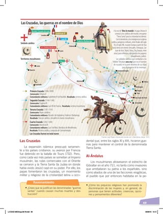 69
Las Cruzadas
La expansión islámica preocupó seriamen-
te a los países cristianos: su avance por Francia
fue detenido en la batalla de Tours (732). Pero,
como cada vez más países se sometían al Imperio
musulmán, las rutas comerciales con el Oriente
se cerraron y la Tierra Santa (la Judea en donde
había vivido Jesús) cayó en su poder. Por ello, los
papas fomentaron las cruzadas, un movimiento
militar y religioso de la cristiandad latina u occi-
dental que, entre los siglos XI y XIII, hicieron gue-
rras para mantener el control de la denominada
Tierra Santa.
Al-Ándalus
Los musulmanes atravesaron el estrecho de
Gibraltar en el año 711, no tanto como invasores
que arrebataran su patria a los españoles, sino
como aliados de una de las facciones visigóticas,
el pueblo que por entonces habitaba en la pe-
Las Cruzadas, las guerras en el nombre de Dios
Godofredo IV
Federico Barbarroja
Ricardo I Corazón de León
LuisVII
LuisIyBonifacioMontferrato
Felipe II
Alavozde“Dioslomanda”,elpapaUrbanoII
convocóaloscatólicosdelmundoarecuperar
“TierraSanta”paralacristiandadoccidental.
ConlabendiciónylasindulgenciaslaIglesia
católica,peregrinosmilitares,entrefinalesdelsiglo
XIyelsigloXIII,cruzaronEuropaypartedeAsia
hastatierrasdeoriente(Jerusalén,Antioquía,San
JuandeAcre,Trípoli,Edesa,Tiro,Turquía,entre
otras)paraenfrentarydarguerraalospaganos
(musulmanes,judíos).
Los soldados católicos que combatían a los
“infieles”llevaban unacruz(por eso el nombre
de cruzado) en la parte delantera de sus ropas
para distinguirse de los enemigos.
Turquía
Jerusalén
Antioquía
San Juan de Acre
Colonia
Edesa
Tiro
Símbolo católico
Territorios musulmanes
Primera Cruzada (1096-1099)
Convocante: Urbano II
Comandantes militares: Godofredo IV de Bouillón. Resultado: victoria católica
Segunda Cruzada (1144-1148)
Convocante: Eugenio III
Comandantes militares: LuisVII de Francia. Resultado: victoria musulmana
Tercera Cruzada (1187-1191)
Convocante: Reyes católicos
Comandantes militares: Ricardo I de Inglaterra; Federico I Barbarroja.
Resultado: Fracaso católico, Jerusalén en manos musulmanas
Cuarta Cruzada (1202-1204)
Convocante: Inocencio III
Comandantes militares: Luis I de Blois; Bonifacio de Montferrato.
Resultado: Victoria católica, conquista de Constantinopla
Las Cruzadas fueron en total nueve
Londres
Oporto
León
Granada
Lyon
Marsella
Mesina
Trípoli
Constantinopla
Fuente: José Pijoán, Historia del mundo, vol. 5, Barcelona, Salvat, 1973.
Elaboración:
CEN
Razonamiento
• ¿Crees que se justifican las denominadas “guerras
santas” cuando causan muchas muertes y des-
trucción?
• ¿Cómo los prejuicios religiosos han promovido la
discriminación de las mujeres y, en general, de
personas que tienen actitudes, creencias, opcio-
nes y pensamientos diferentes?
LA EDAD MEDIA;pp.58-79.indd 69 05/06/18 10:14
 