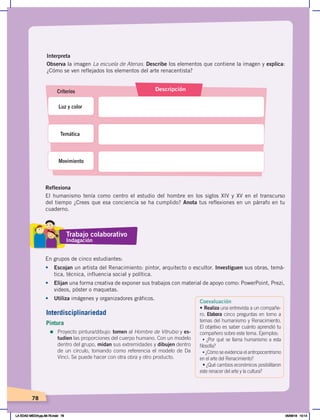 78
Interpreta
Observa la imagen La escuela de Atenas. Describe los elementos que contiene la imagen y explica:
¿Cómo se ven reflejados los elementos del arte renacentista?
Reflexiona
El humanismo tenía como centro el estudio del hombre en los siglos XIV y XV en el transcurso
del tiempo ¿Crees que esa conciencia se ha cumplido? Anota tus reflexiones en un párrafo en tu
cuaderno.
Criterios Descripción
Luz y color
Temática
Movimiento
En grupos de cinco estudiantes:
•	 Escojan un artista del Renacimiento: pintor, arquitecto o escultor. Investiguen sus obras, temá-
tica, técnica, influencia social y política.
• Elijan una forma creativa de exponer sus trabajos con material de apoyo como: PowerPoint, Prezi,
videos, póster o maquetas.
•	 Utiliza imágenes y organizadores gráficos.
Trabajo colaborativo
Indagación
Coevaluación
• Realiza una entrevista a un compañe-
ro. Elabora cinco preguntas en torno a
temas del humanismo y Renacimiento.
El objetivo es saber cuánto aprendió tu
compañero sobre este tema. Ejemplos:
• ¿Por qué se llama humanismo a esta
filosofía?
• ¿Cómo se evidencia el antropocentrismo
en el arte del Renacimiento?
•	¿Qué	cambios	económicos	posibilitaron	
este renacer del arte y la cultura?
Interdisciplinariedad
Pintura
=	Proyecto pintura/dibujo: tomen al Hombre de Vitrubio y es-
tudien las proporciones del cuerpo humano. Con un modelo
dentro del grupo, midan sus extremidades y dibujen dentro
de un círculo, tomando como referencia el modelo de Da
Vinci. Se puede hacer con otra obra y otro producto.
LA EDAD MEDIA;pp.58-79.indd 78 05/06/18 10:14
 