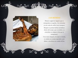 LAS MOMIAS
Primero cogían los órganos que se
estropeaban en seguida, y los colocaban
en una vasija de arcilla (vasos canopes.)
Después se ponían hierbas aromáticas
dentro del cuerpo, que se cerraba y se
enterraban en sal(para evitar que se
estropearan.)
Unos meses después, el cuerpo se lavaba,
se untaba con cremas especiales y por
último s envolvían con vendas de lino.
 
