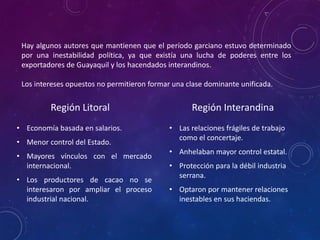 Región Litoral
• Economía basada en salarios.
• Menor control del Estado.
• Mayores vínculos con el mercado
internacional.
• Los productores de cacao no se
interesaron por ampliar el proceso
industrial nacional.
Región Interandina
• Las relaciones frágiles de trabajo
como el concertaje.
• Anhelaban mayor control estatal.
• Protección para la débil industria
serrana.
• Optaron por mantener relaciones
inestables en sus haciendas.
Hay algunos autores que mantienen que el período garciano estuvo determinado
por una inestabilidad política, ya que existía una lucha de poderes entre los
exportadores de Guayaquil y los hacendados interandinos.
Los intereses opuestos no permitieron formar una clase dominante unificada.
 