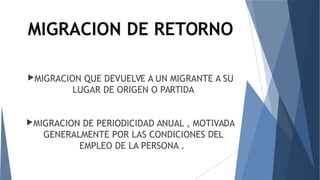 MIGRACION DE RETORNO
MIGRACION QUE DEVUELVE A UN MIGRANTE A SU
LUGAR DE ORIGEN O PARTIDA
MIGRACION DE PERIODICIDAD ANUAL , MOTIVADA
GENERALMENTE POR LAS CONDICIONES DEL
EMPLEO DE LA PERSONA .
 
