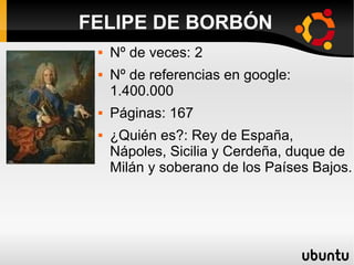 FELIPE DE BORBÓN
 Nº de veces: 2
 Nº de referencias en google:
1.400.000
 Páginas: 167
 ¿Quién es?: Rey de España,
Nápoles, Sicilia y Cerdeña, duque de
Milán y soberano de los Países Bajos.
 