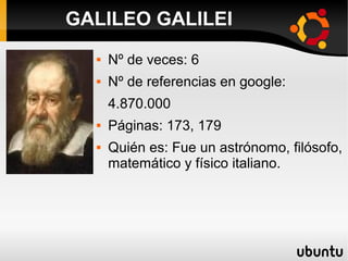  Nº de veces: 6
 Nº de referencias en google:
4.870.000
 Páginas: 173, 179
 Quién es: Fue un astrónomo, filósofo,
matemático y físico italiano.
GALILEO GALILEI
 
