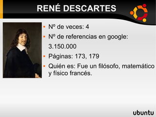  Nº de veces: 4
 Nº de referencias en google:
3.150.000
 Páginas: 173, 179
 Quién es: Fue un filósofo, matemático
y físico francés.
RENÉ DESCARTES
 
