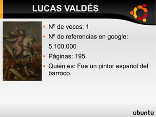  Nº de veces: 1
 Nº de referencias en google:
5.100.000
 Páginas: 195
 Quién es: Fue un pintor español del
barroco.
LUCAS VALDÉS
 