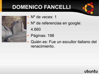  Nº de veces: 1
 Nº de referencias en google:
4.660
 Páginas: 198
 Quién es: Fue un escultor italiano del
renacimiento.
DOMENICO FANCELLI
 