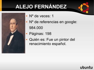  Nº de veces: 1
 Nº de referencias en google:
984.000
 Páginas: 198
 Quién es: Fue un pintor del
renacimiento español.
ALEJO FERNÁNDEZ
 