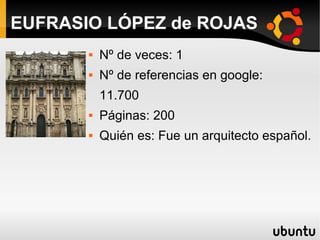  Nº de veces: 1
 Nº de referencias en google:
11.700
 Páginas: 200
 Quién es: Fue un arquitecto español.
EUFRASIO LÓPEZ de ROJAS
 