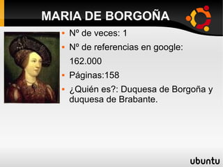  Nº de veces: 1
 Nº de referencias en google:
162.000
 Páginas:158
 ¿Quién es?: Duquesa de Borgoña y
duquesa de Brabante.
MARIA DE BORGOÑA
 