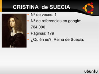  Nº de veces: 1
 Nº de referencias en google:
764.000
 Páginas: 179
 ¿Quién es?: Reina de Suecia.
CRISTINA de SUECIA
 
