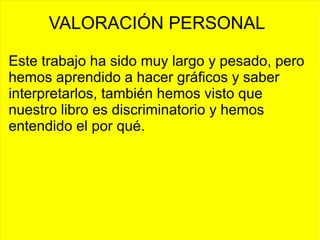 VALORACIÓN PERSONAL
Este trabajo ha sido muy largo y pesado, pero
hemos aprendido a hacer gráficos y saber
interpretarlos, también hemos visto que
nuestro libro es discriminatorio y hemos
entendido el por qué.
 