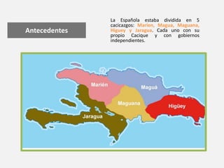 La Española estaba dividida en 5
               cacicazgos: Marien, Magua, Maguana,
Antecedentes   Higuey y Jaragua. Cada ...