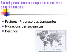 A s  m i g r a c i ó n s  e u r o p e a s  a  o u t r o s  c o n t i n e n t e s Factores: Progreso dos transportes Migracións transoceánicas Destinos 