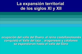 La expansión territorial
           de los siglos XI y XII




ocupaciòn del valle del Duero, el reino castellanoleonès
 conquistò el Valle del tajo. , aragoneses y catalanes
        se expandieron hasta el valle del Ebro
 