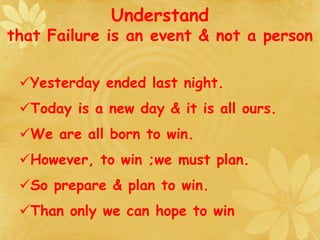 Understand
that Failure is an event & not a person
Yesterday ended last night.
Today is a new day & it is all ours.
We are all born to win.
However, to win ;we must plan.
So prepare & plan to win.
Than only we can hope to win
 