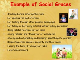 Example of Social Graces
 Knocking before entering the room
 Not opening the mail of others
 Not looking through other people’s belongings
 Not taking or borrowing articles without asking permission
 Being helpful to others in your home
 Saying 'please' and 'thank you' or 'excuse me’
 Sharing and not grabbing and keeping' good things to yourself
 Respecting other people's property and their rooms
 Helping the family by doing your tasks
 Have table manners
 