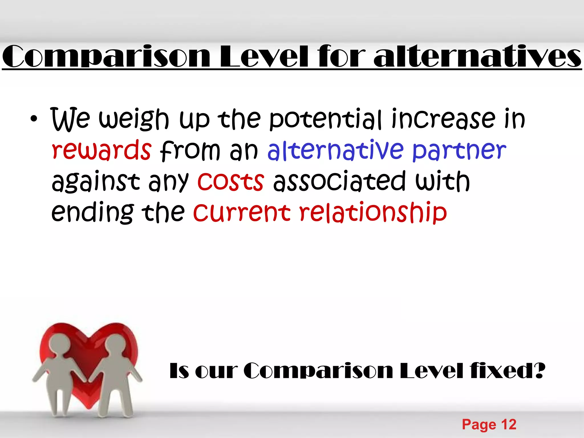 Powerpoint Templates
Page 12
Comparison Level for alternatives
• We weigh up the potential increase in
rewards from an alternative partner
against any costs associated with
ending the current relationship
Is our Comparison Level fixed?
 