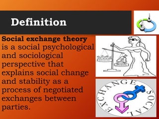 Definition
Social exchange theory
is a social psychological
and sociological
perspective that
explains social change
and stability as a
process of negotiated
exchanges between
parties.
 
