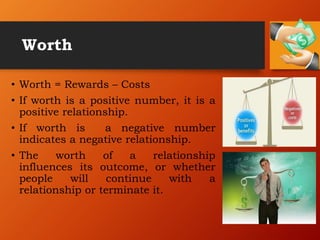 Worth
• Worth = Rewards – Costs
• If worth is a positive number, it is a
positive relationship.
• If worth is a negative number
indicates a negative relationship.
• The worth of a relationship
influences its outcome, or whether
people will continue with a
relationship or terminate it.
 