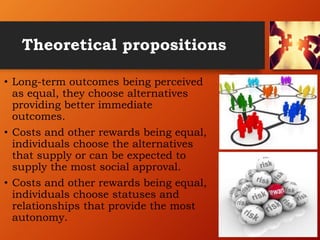 Theoretical propositions
• Long-term outcomes being perceived
as equal, they choose alternatives
providing better immediate
outcomes.
• Costs and other rewards being equal,
individuals choose the alternatives
that supply or can be expected to
supply the most social approval.
• Costs and other rewards being equal,
individuals choose statuses and
relationships that provide the most
autonomy.
 