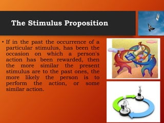 The Stimulus Proposition
• If in the past the occurrence of a
particular stimulus, has been the
occasion on which a person's
action has been rewarded, then
the more similar the present
stimulus are to the past ones, the
more likely the person is to
perform the action, or some
similar action.
 