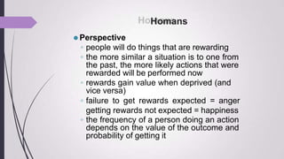 Homans
⚫Perspective
◦ people will do things that are rewarding
◦ the more similar a situation is to one from
the past, the more likely actions that were
rewarded will be performed now
◦ rewards gain value when deprived (and
vice versa)
◦ failure to get rewards expected = anger
getting rewards not expected = happiness
◦ the frequency of a person doing an action
depends on the value of the outcome and
probability of getting it
 