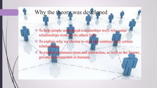 Why the theory was developed
 To help people understand relationships well; why some
relationships work while others fail.
 To explain why we choose to start and continue only certain
relationships.
 To explain communication and interaction, as well as the factors
governing interaction in humans.
 