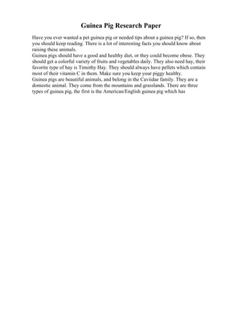 Guinea Pig Research Paper
Have you ever wanted a pet guinea pig or needed tips about a guinea pig? If so, then
you should keep reading. There is a lot of interesting facts you should know about
raising these animals.
Guinea pigs should have a good and healthy diet, or they could become obese. They
should get a colorful variety of fruits and vegetables daily. They also need hay, their
favorite type of hay is Timothy Hay. They should always have pellets which contain
most of their vitamin C in them. Make sure you keep your piggy healthy.
Guinea pigs are beautiful animals, and belong in the Caviidae family. They are a
domestic animal. They come from the mountains and grasslands. There are three
types of guinea pig, the first is the American/English guinea pig which has
 
