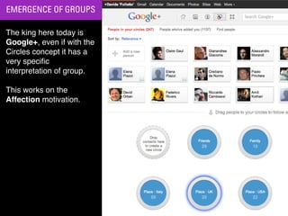 EMERGENCE OF GROUPS

The king here today is
Google+, even if with the
Circles concept it has a
very speciﬁc
interpretation of group.

This works on the
Affection motivation.
 