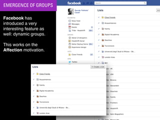 EMERGENCE OF GROUPS

Facebook has
introduced a very
interesting feature as
well: dynamic groups.

This works on the
Affection motivation.
 