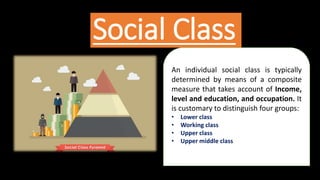 Social Class
An individual social class is typically
determined by means of a composite
measure that takes account of Income,
level and education, and occupation. It
is customary to distinguish four groups:
• Lower class
• Working class
• Upper class
• Upper middle class
 