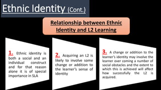 Ethnic Identity (Cont.)
Relationship between Ethnic
Identity and L2 Learning
1. Ethnic identity is
both a social and an
individual construct
and for that reason
alone it is of special
importance in SLA
2. Acquiring an L2 is
likely to involve some
change or addition to
the learner’s sense of
identity
3. A change or addition to the
learner’s identity may involve the
learner over coming a number of
social obstacles and the extent to
which this is achieved will affect
how successfully the L2 is
acquired.
 