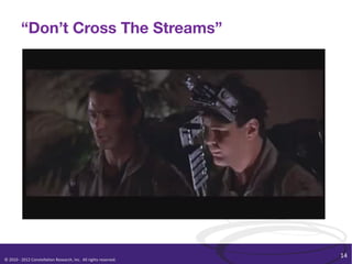 “Don’t Cross The Streams”




                                                                                                              14	
  
©	
  2010	
  -­‐	
  2012	
  Constella/on	
  Research,	
  Inc.	
  	
  All	
  rights	
  reserved.	
  	
  	
  
 