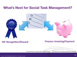 What’s Next for Social Task Management?




    HR:	
  Recogni+on/Reward	
                                                                                                                       Finance:	
  Invoicing/Payment	
  


                                                                                                              h<p://www.ﬂickr.com/photos/didmyself/6530389351	
     h<p://www.ﬂickr.com/photos/teegardin/5737823348/	
  


                                                                                                                                                                                                                   46	
  
©	
  2010	
  -­‐	
  2012	
  Constella/on	
  Research,	
  Inc.	
  	
  All	
  rights	
  reserved.	
  	
  	
  
 