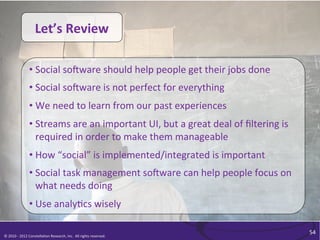 Let’s	
  Review	
  

                         • Social	
  soOware	
  should	
  help	
  people	
  get	
  their	
  jobs	
  done	
  
                         • Social	
  soOware	
  is	
  not	
  perfect	
  for	
  everything	
  
                         • We	
  need	
  to	
  learn	
  from	
  our	
  past	
  experiences	
  
                         • Streams	
  are	
  an	
  important	
  UI,	
  but	
  a	
  great	
  deal	
  of	
  ﬁltering	
  is	
  
                           required	
  in	
  order	
  to	
  make	
  them	
  manageable	
  
                         • How	
  “social”	
  is	
  implemented/integrated	
  is	
  important	
  
                         • Social	
  task	
  management	
  soOware	
  can	
  help	
  people	
  focus	
  on	
  
                           what	
  needs	
  doing	
  
                         • Use	
  analy/cs	
  wisely	
  

                                                                                                                               54	
  
©	
  2010	
  -­‐	
  2012	
  Constella/on	
  Research,	
  Inc.	
  	
  All	
  rights	
  reserved.	
  	
  	
  
 