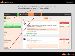 socialfave
socialfave
Communitysocialfave
If you select for example the Followings criterion, you can see the
users followed by both @TechCrunch and @Socialfave
 