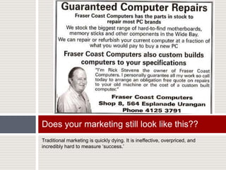 Traditional marketing is quickly dying. It is ineffective, overpriced, and incredibly hard to measure ‘success.’  Does your marketing still look like this??