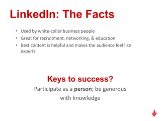 • Used by white-collar business people
• Great for recruitment, networking, & education
• Best content is helpful and makes the audience feel like
experts
Participate as a person; be generous
with knowledge
 
