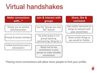 Make connections
with…*
People you’ve worked
with/classmates
Friends & family members
Follow businesses you’re
interested in
Join & interact with
groups
Use the “groups you may
like” feature
Try to be active in 3-5
groups (posting,
commenting, liking etc.)
Reach out to top
contributors in your
groups to make valuable
connections
Share, like &
comment
Like and/or comment on
things to network with
your connections
Share similar things as
you would on Twitter
 
