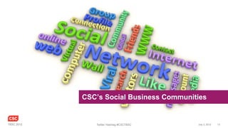 CSC’s Social Business Communities


TBSC 2012      Twitter Hashtag #CSCTBSC   July 3, 2012   13
 