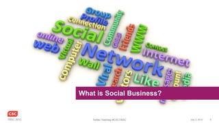 What is Social Business?


TBSC 2012       Twitter Hashtag #CSCTBSC   July 3, 2012   6
 